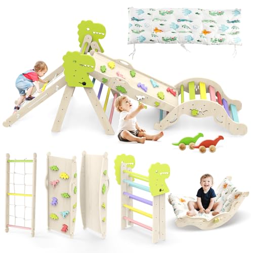 Jasite Pikler Triangle Set with Cushion, 12 in 1 Toddler Montessori Toys Indoor Baby Climbing Gym Pikler Triangle Climbing Set Wooden Toy Climbing Rope Ladder, Shape Sorter, Push Car 【Dinosaur Toys】