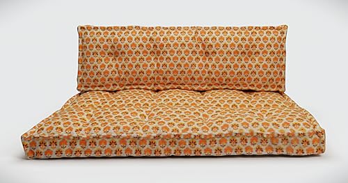 Image of ASHEVILLE Orange Floral Print No Wood Modular Sofa | Low Floor Seating, Corner Cushion Chair, Modular Lounge Furniture| Handcrafted| Printed Cotton Upholstery Sofa| Set of 2 Pcs| 80x120x12 cm