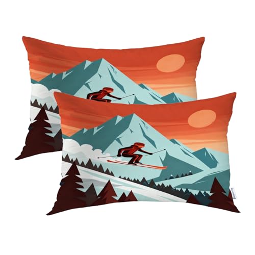 Batmerry Outdoor Skiing Sport Pillowcases, Skier On Snow Mountain is Skiing Decorative Bed Pillow Cover with Hidden Zipper Soft Blended for Hair and Skin 20X26 in