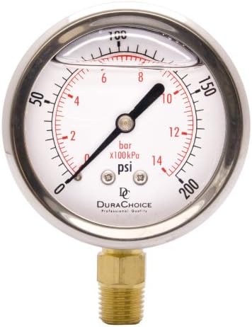 DuraChoice 2-1/2" Oil Filled Pressure Gauge - Stainless Steel Case, Brass, 1/4" NPT, Lower Mount Connection 0-200PSI