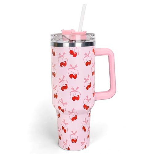 Whaline 40oz Pink Bow Cherry Tumbler with Handle Straw and Lid Coquette Bowknot Cherries Travel Tumbler Coffee Cup for Women Friend Holiday Birthday