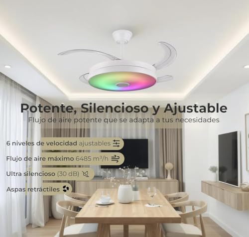 Ventilador de Techo RGB con Bluetooth - 108 cm de Ancho con Aspas Retráctiles, Música y Luz LED - Silencioso con Lámpara y Moderno Multifunción con 2 Mandos a Distancia y APP - imagen 2
