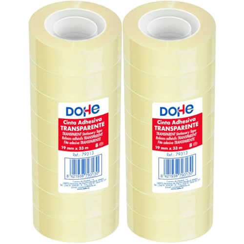 Dohe - Cinta Adhesiva Transparente (16 uds.) - 1,9 cm x 33 m, Precinto para Embalar Cajas, Envíos o Mudanzas, Potente Adhesivo de 45 micras - Material de oficina