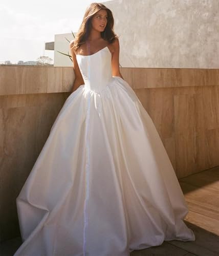 Strapless Satin Wedding Dresses for Women Bride Long Formal Evening Gowns with Pockets3