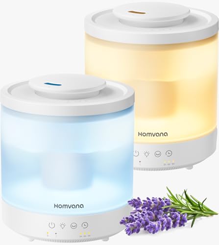 Homvana Small Humidifiers for Bedroom - 2 Packs 1.5L Cool Mist Top Fill Humidifier for Baby Nursery, Essential Oil Diffuser, 3 in 1 for Home Plants Offices and Grow Tents, 7 Color Lights, Ultrasonic
