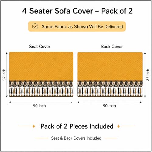 Image of KINGLY Sofa Cover 4 Seater Fully Covered | Stretchable Anti-Slip Slipcover | Washable Furniture Protector | Mustard Yellow | Set of 2 | Seat & Back |