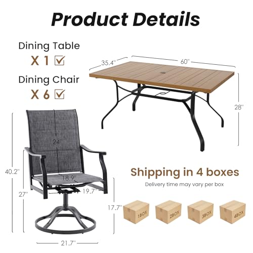 Image of Soohow 7-Piece Outdoor Dining Set, Patio Dining Table and Chairs Set for 6, 6 x Swivel Patio Chairs and 60 inchx35 inch Dining Table with 1.57 inch Umbrella Hole, Wood-Like, Ideal for Poolside, Backyard, Deck