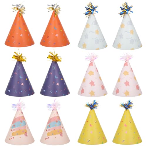 Aeaocvo 12 PCS Birthday Party Hats Cone Hat with Glitter Pompoms Cone Paper Hat Adults Paper Party Headwear for Celebration(B)