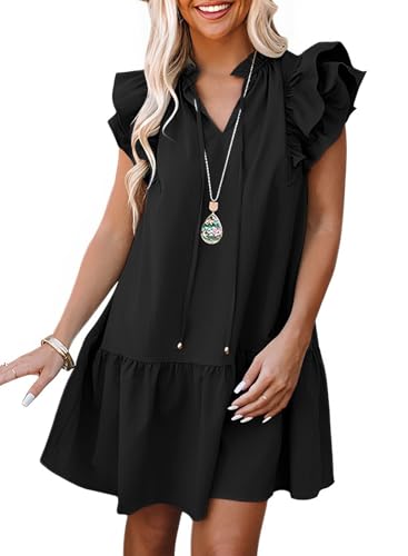 Womens Summer V-Neck Drawstring Ruffle Mini Dress