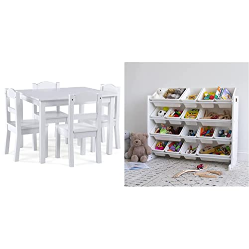 Humble Crew, White Kids Wood Table And 4 Chairs Set & Extra-Large Toy Organizer, 16 Storage Bins, White/White #TOP17