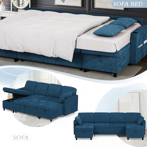Lesofair 108\" U-Shape Pull Out Sofa with 2 Storage Chaise, Chenille Sectional Sleeper Sofa with Adjustable Backrest, Upholstered Reversible Couch Bed with USB Port for Living Room, House,Blue - Thumbnail 6