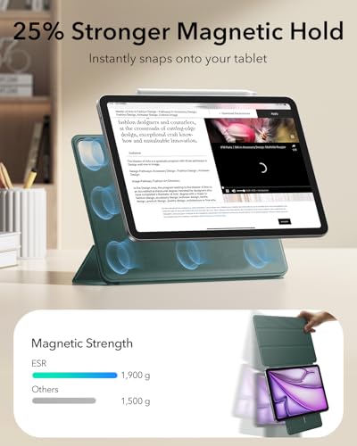 Image of ESR Case for iPad Air 13 Inch M4 /M3 /M2, iPad Pro 12.9 Case, Green | Powerful Magnetic Attachment, Slim Trifold Stand Case, Supports Pencil Pro /USB-C, Rebound Series