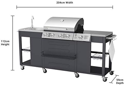 BillyOh Gas BBQ Grill 4 Burner + Side Burner with Kitchen Sink | Stainless Steel Gas Barbecue with Side Table Storage and BBQ Cover | Cooking Outdoor Garden Portable BBQ Alabama | Silver