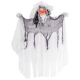 Halloween Haunters Animated Hanging Jumping Moving Forward Ghost Skeleton Bride Skull Reaper Prop Decoration - 3 Cackle Sound Phrases, LED Light Up Eyes, 3 Feet, Haunted House Graveyard Party Entryway