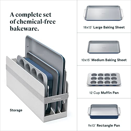 Caraway Nonstick Ceramic Bakeware Set (5 Pieces) - Baking Sheets, Assorted Baking Pans, Cooling Rack, & Storage - Aluminized Steel Body - Non Toxic, Ptfe & Pfoa Free - Navy #TOP2