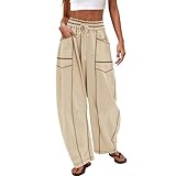 Damen Baggy Barrel Pants Wide Leg Lounge Kordelzug Sweatpants mit Taschen, weiß, L