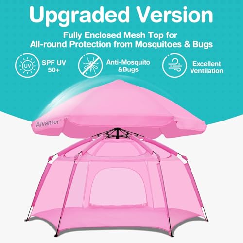 Alvantor® Pop Up Playpen 7'x7'x44”Baby Playpens Large Kids Play Tent Portable, Foldable Playpen Indoor/Outdoor Mesh Play Yard, Infant Mosquito Net, UV SPF 50+ Sunshade, Soft Foam Floor, Pink by Alvantor - Image 5