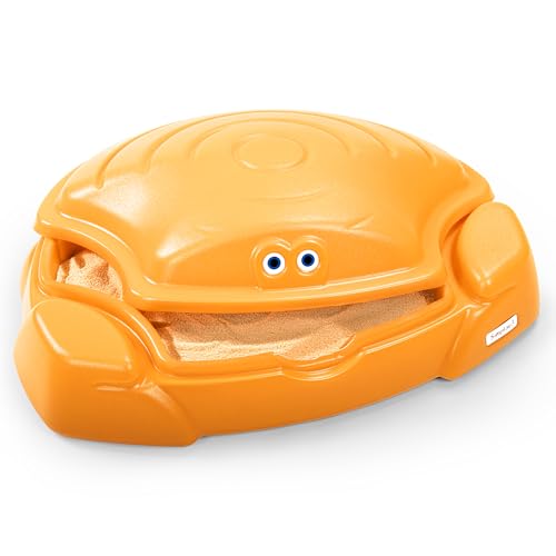Image of Simplay3 Coastal Crab Fully Assembled Sandbox for Kids, Toddler Outdoor Sand Box with Lid for Playground, Backyard, Ages 1.5 to 5 Years, Made in USA, Cheddar