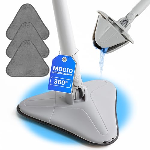 SHERNAX Mocio Triangolare Che Si Strizza con 3 Ricambi, Mocio Lavapavimenti per Pulire Piastrelle e Pareti Mop Triangolare Girevole a 360° Pulisce piastrelle Mop Triangolare Autostrizzante