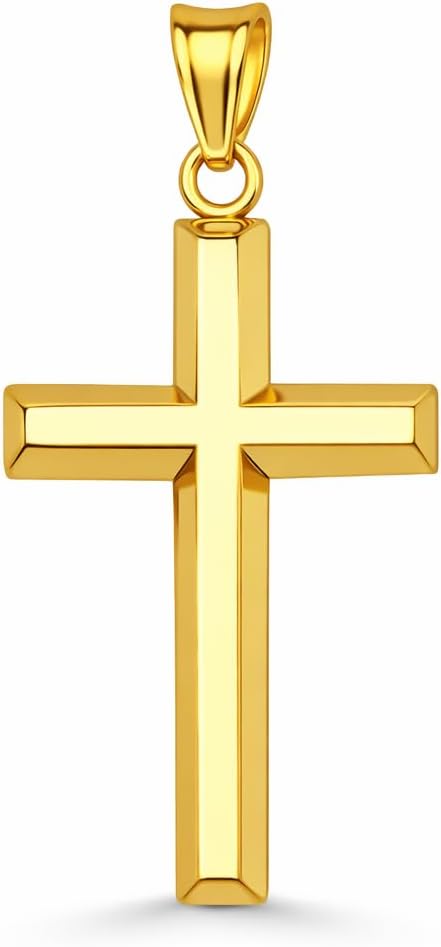 SHOP WGS Italian 14K Solid Gold Flat Tube Cross Pendant for Men & Women - Real 14K Yellow Gold Cross Pendants for Women Religious Faith Catholic Jewelry (45 x 25MM)