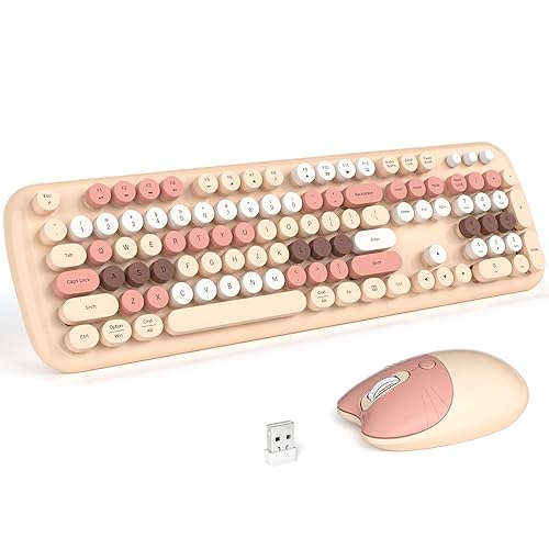 Image of KNOWSQT Wireless Keyboard and Mouse Combo Pale MilkTea - Colorful 104 Key 2.4G Round Keycap Typewriter Keyboards, USB Dongle Plug and Play, for Laptop, Windows, PC, Mac, Desktop