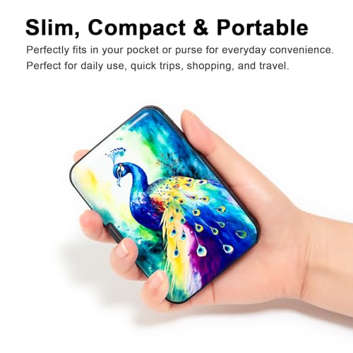 Image of Credit Card Holder Small RFID Blocking Wallet Business Metal Slim Mini Aluminum Hard Case for Women Men, Colorful Peacock, small, Minimalist, Compact, American