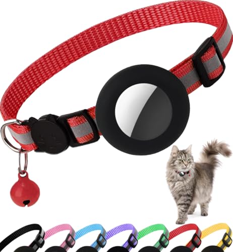 Collier Chat Airtag, Collier pour Chat Anti-étranglement avec Protecteur Airtag et Cloche, pour Toutes Les Tailles de Chats, Large de 1 Centimètres et Léger (Rouge)