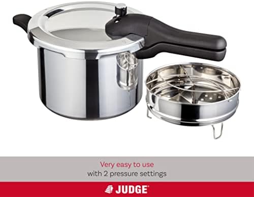 Judge Everyday Pressure Cooker, 5L with Steamer Basket, Divider Insert & Trivet, Large Size, 2 Pressure Levels, Safety Valve and Gasket Release, Aluminium