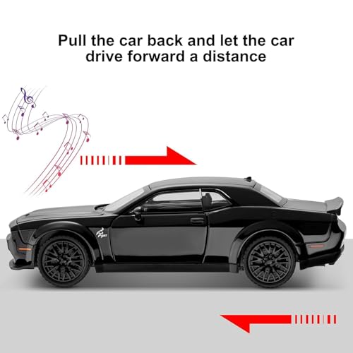 Image of 1 /24 Dodge Challenger Hellcat Model Car, Zinc Alloy Pull Back Toy car with Sound and Light for Kids Boy Girl Gift (Black)
