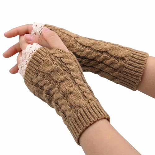 Image of Kraptick Women's Cable Knit Fingerless Gloves - Winter Arm Warmers with Elegant Lace Trim & Thumb Hole - Soft Woolen Thermal Half Finger Mittens for Typing, Driving & Office Work (Free Size, khaki)-1
