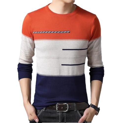 Men Winter Pullover Round Collar Striped Cotton Slim Fit Pull Homme Sweaters