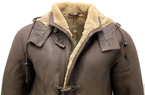 Infinity New Mens Long Warm Brown Winter Hooded Real Cream Shearling Sheepskin Leather Duffle Coat Custom Fit (L) - Image 4