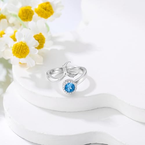 Mermaid Ring 925 Sterling Silver Natural Topaz Ring Mermaid Tail Rings Fish Tail Band Ring Silver Eternity Ring Mermaid Jewelry for Women Summer Ocean Gifts3