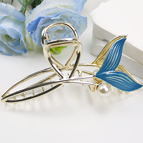 Pinzas de cabello Blue Fish Tail con perla, clip de mano de sirena grande dorado de metal, sujeción fuerte y antideslizante, accesorios grandes para mujer y niñas miniatura 6