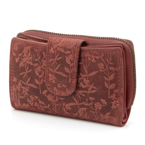 ekavale Leder Geldbörse - Damen Portemonnaie mit Blumenprägung - Sicherer RFID Blocker - Kompakte Brieftasche mit Kartenfächern und klassischem Design für jeden Anlass (Rot)