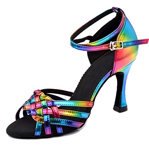 TDA Women's Flared Heel Weave Style Multicoloured Rainbow Synthetic Tango Prom Latin Modern Dance Open Toe Shoes 4.5 M US