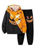WDIRARA Boy's 2 Piece Outfits Colorful Graphic Print Long Sleeve Hoodie and Sweatpants Set Tracksuit Black Orange 12Y