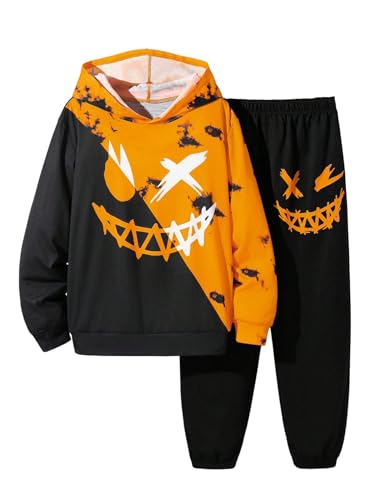 WDIRARA Boy's 2 Piece Outfits Colorful Graphic Print Long Sleeve Hoodie and Sweatpants Set Tracksuit Black Orange 12Y