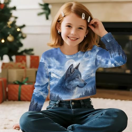 Girls Long Sleeve Sweatshirts Kids Crop Tops Cute Animal Print Pullover Tops Crewneck Spring Fall Shirts 5-143