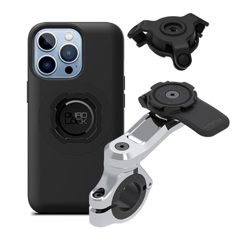Image of Quad Lock Motorcycle Handlebar Phone Mount PRO Chrome with Vibration Dampener and MAG Phone Case for iPhone 13 Pro