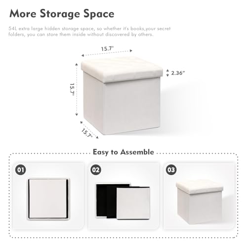 B FSOBEIIALEO Storage Ottoman Velvet Tufted Folding Ottomans Footstool Rest Seat with Removable Lid (White, Medium) - Image 4