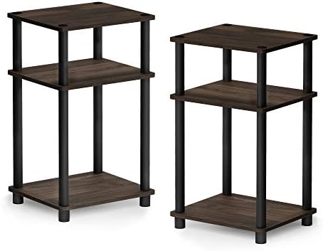 Furinno Just 3-Tier Turn-N-Tube End Table / Side Table / Night Stand / Bedside Table with Plastic Poles, 2-Pack, Columbia Walnut/Black