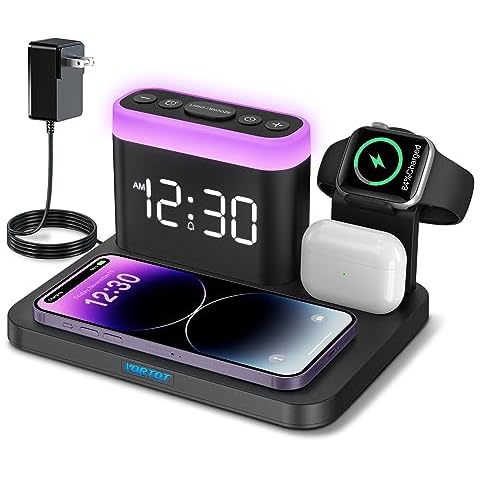 Wireless Charging Station with Alarm Clock and Night Light Cover