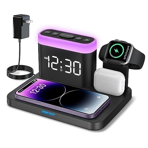 Wireless Charging Station, 5 in 1 Wireless Charger Stand with Alarm Clock, 7 Night Lights, Charging Dock for iPhone15/14/13/12/11/Pro/Max/XR/Samsung Phone, Apple Watch 9/8/7/6/5/SE, AirPods/3/2/1