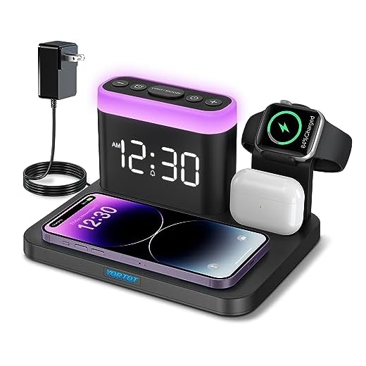Wireless Charging Station, 5 in 1 Wireless Charger Stand with Alarm Clock, 7 Night Lights, Charging Dock for iPhone16/15/14/13/12/11/Pro/Max/XR/Samsung Phone, Apple Watch 9/8/7/6/5/SE, AirPods/3/2/1