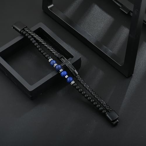 Black Mens Cross Bracelet,Multi-Layer Christian Cross Natural Tiger Eye/Turquoise/Lapis Lazuli/Grey Obsidian Beaded Braided Leather Bracelet Jewelry for Men Father with Stainless Steel Clasp3