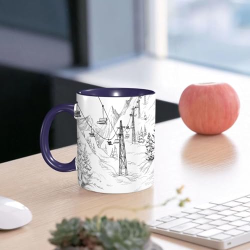 EMCLKS Ceramic Mug,tazas desayuno,taza te,tazas cafe,taza navidad,regalos originales mujer,regalos para parejas,Telesquí dibujado a mano en blanco y negro, línea de telesquí Snow Ridge,330ml