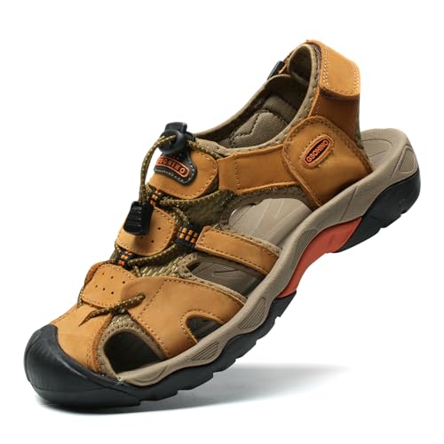 Mens Leather Sports Sandals For Men Closed Toe Hiking Outdoor Athletic Casual Walking Sandals Water Shoes Summer Fisherman Sandal Handmade