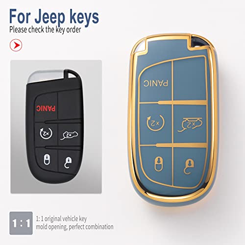 Bikte For Jeep Key Fob Cover With Leather Keychain, Premium Soft Tpu Protection Key Case For Grand Cherokee Renegade Chrysler Dodge Ram Journey Dart Fiat Durango Challenger Smart Key Holder （Blue ） #TOP1