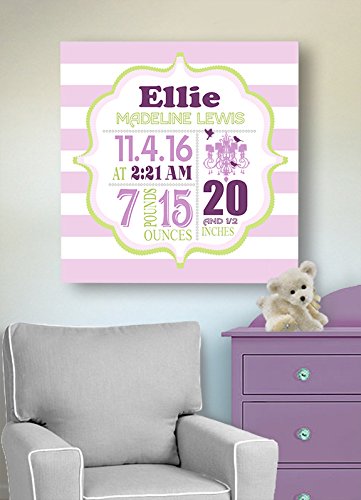 Personalized Stretched Canvas Birth Announcement Gift, Custom Baby Name, Date, Weight Stats, Newborn Chandelier Nursery Wall Art Decor, Wooden Frame Construction, Ready to Hang 16X16